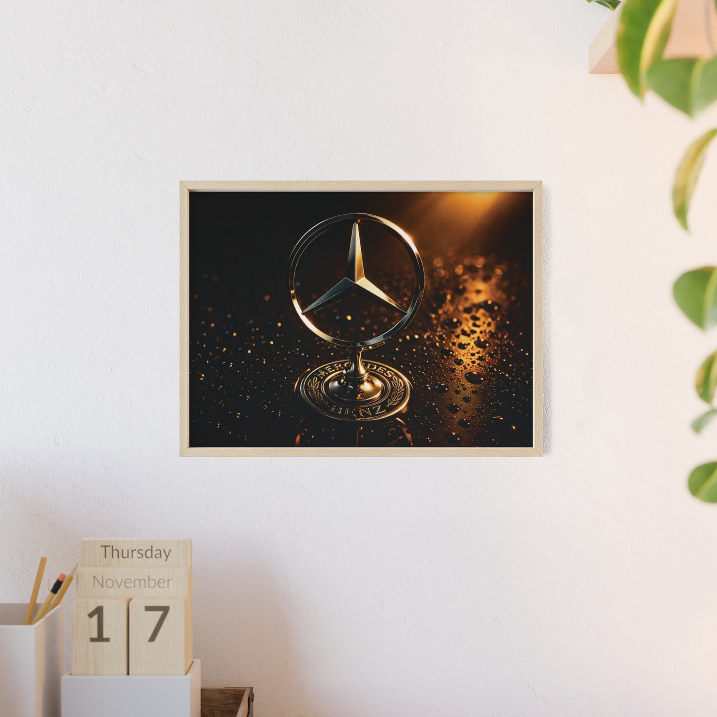Mercedes Emblem Wooden Framed Poster — Luxury Car Wall Art