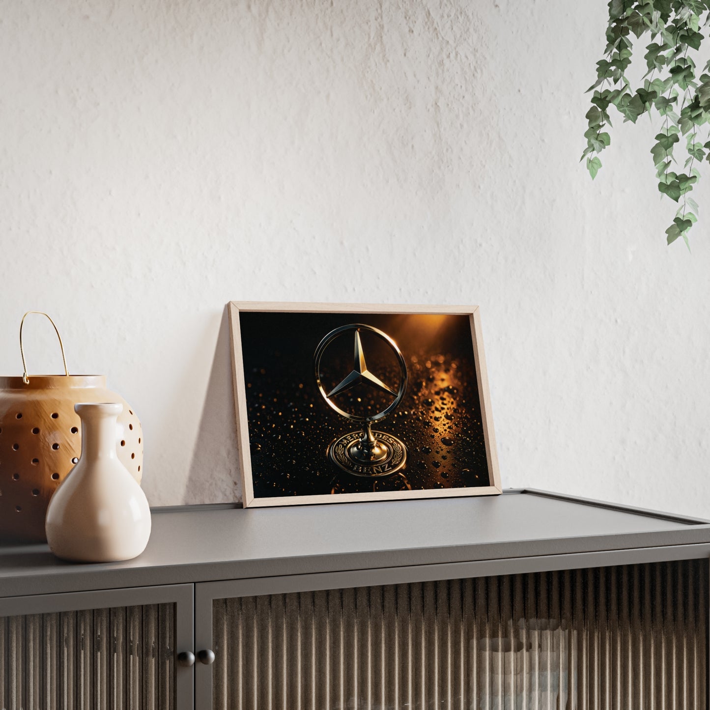 Mercedes Emblem Wooden Framed Poster — Luxury Car Wall Art