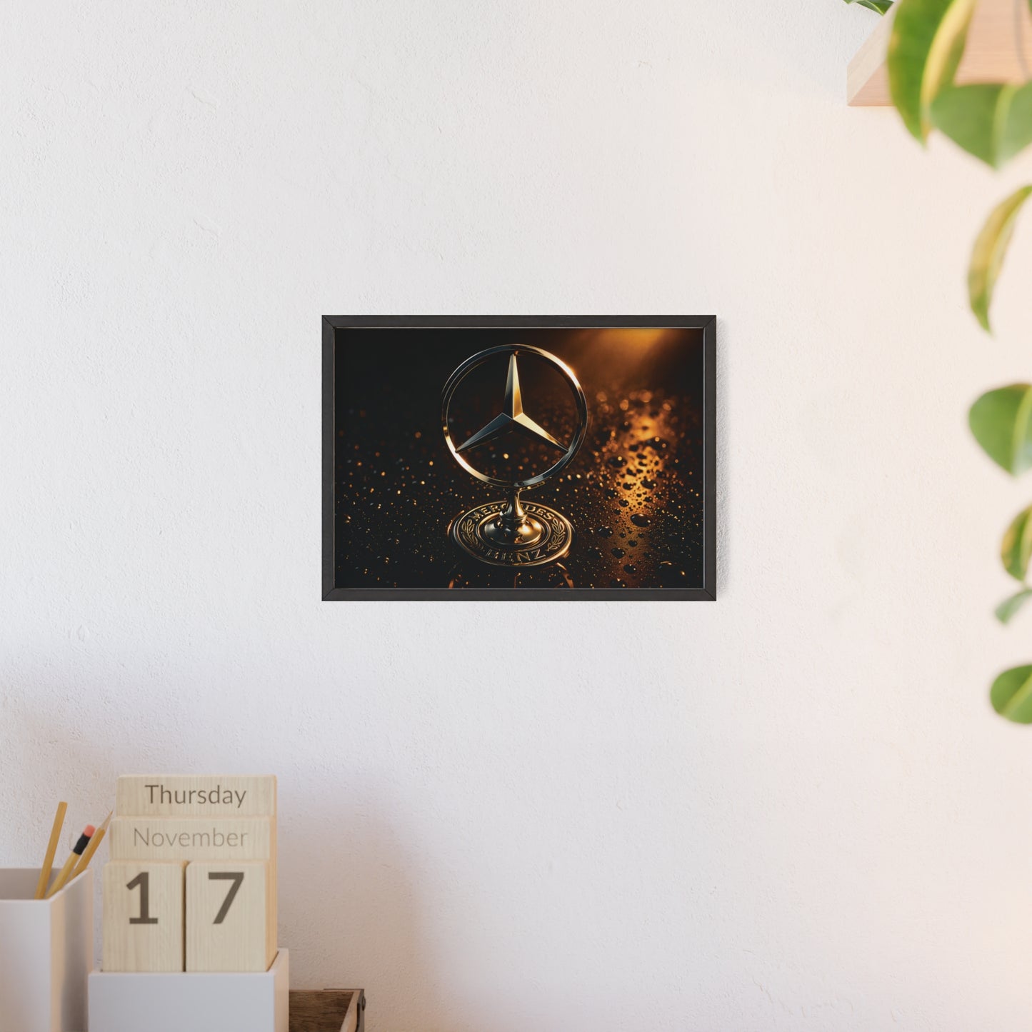 Mercedes Emblem Wooden Framed Poster — Luxury Car Wall Art