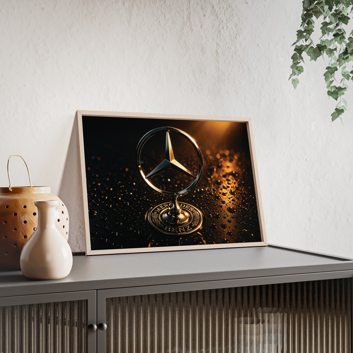 Mercedes Emblem Wooden Framed Poster — Luxury Car Wall Art