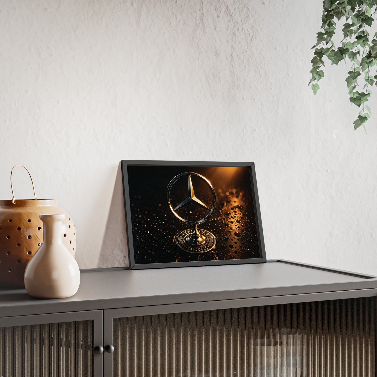 Mercedes Emblem Wooden Framed Poster — Luxury Car Wall Art