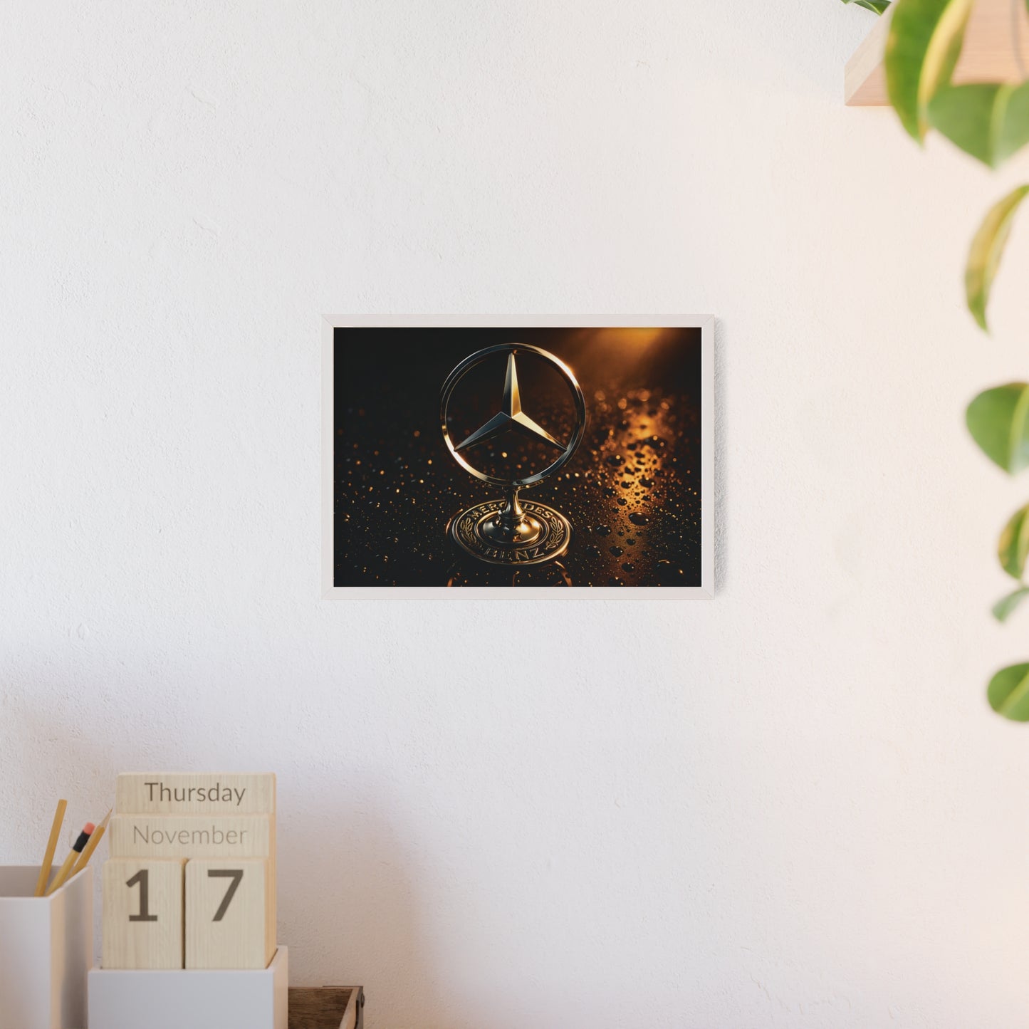 Mercedes Emblem Wooden Framed Poster — Luxury Car Wall Art