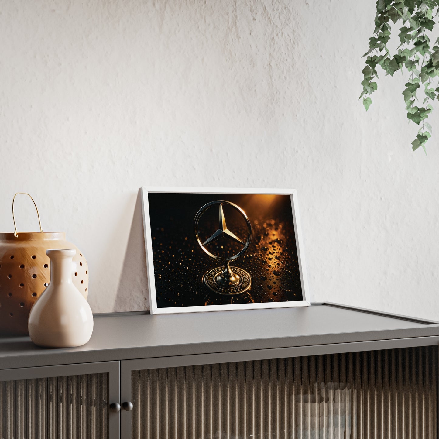 Mercedes Emblem Wooden Framed Poster — Luxury Car Wall Art