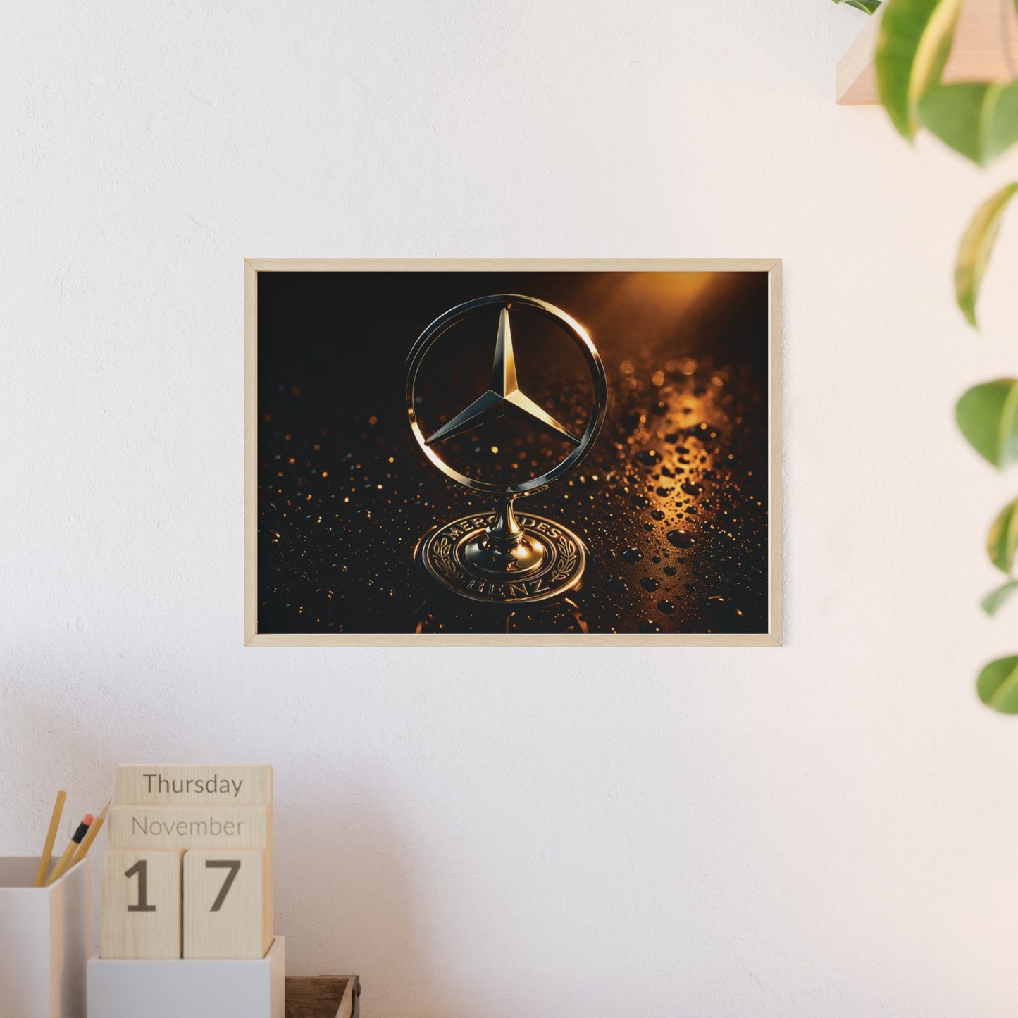 Mercedes Emblem Wooden Framed Poster — Luxury Car Wall Art