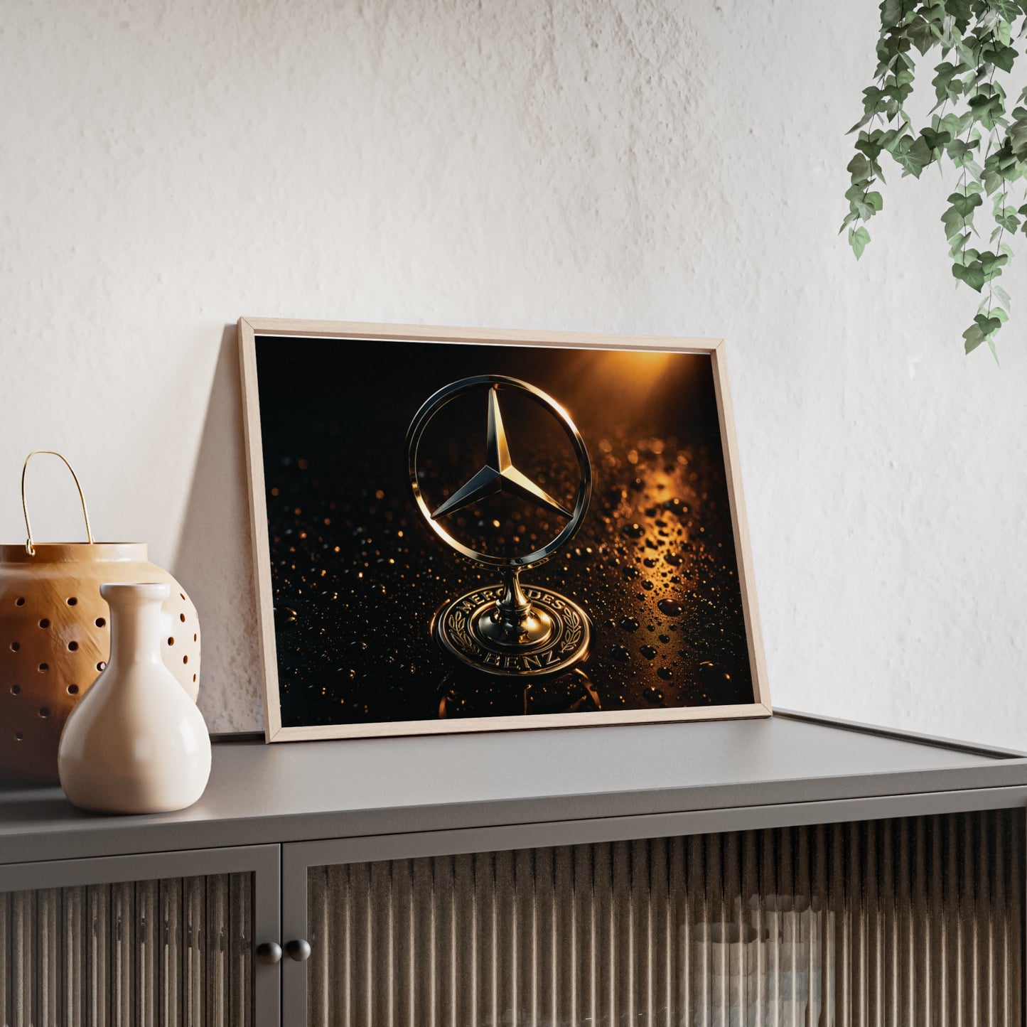 Mercedes Emblem Wooden Framed Poster — Luxury Car Wall Art