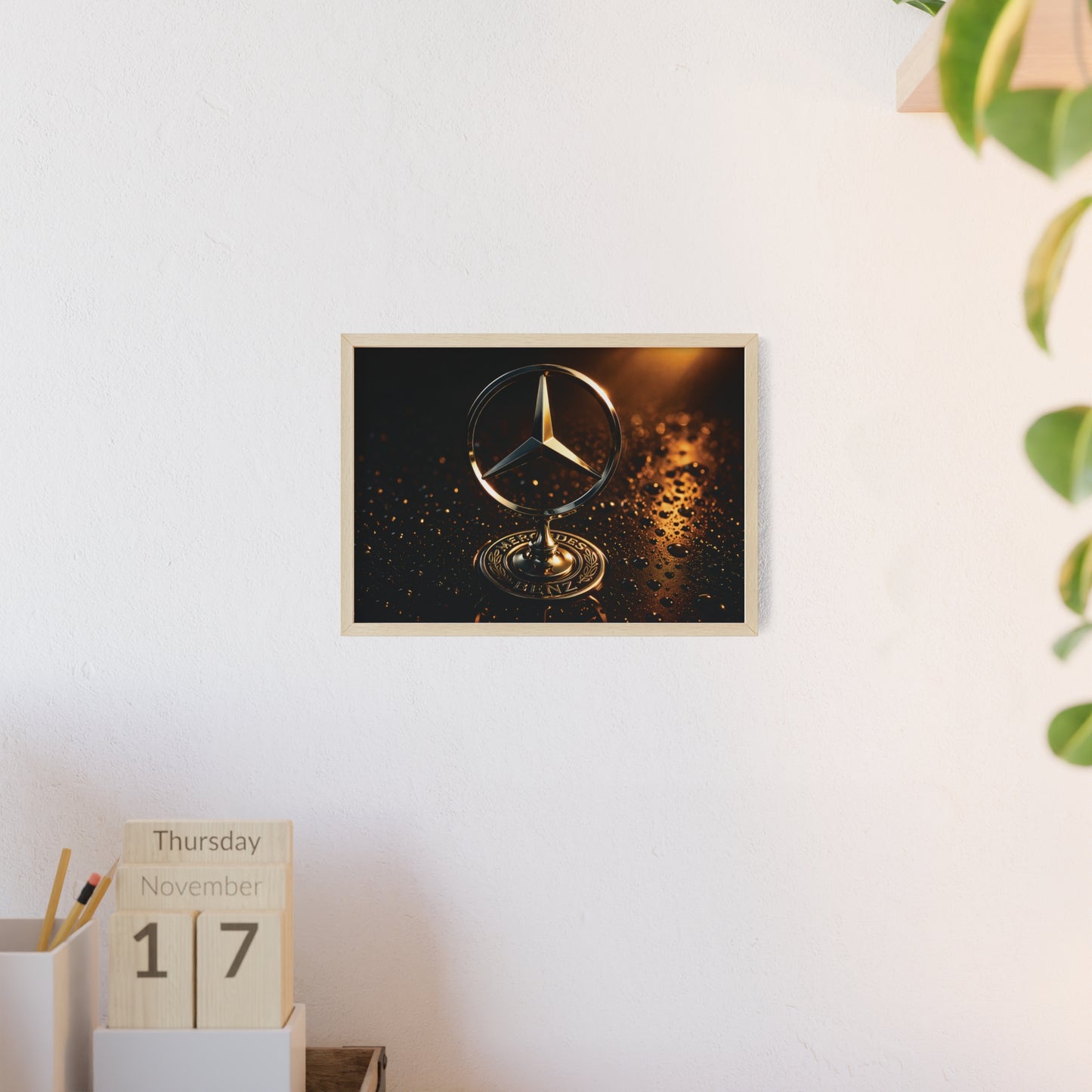 Mercedes Emblem Wooden Framed Poster — Luxury Car Wall Art